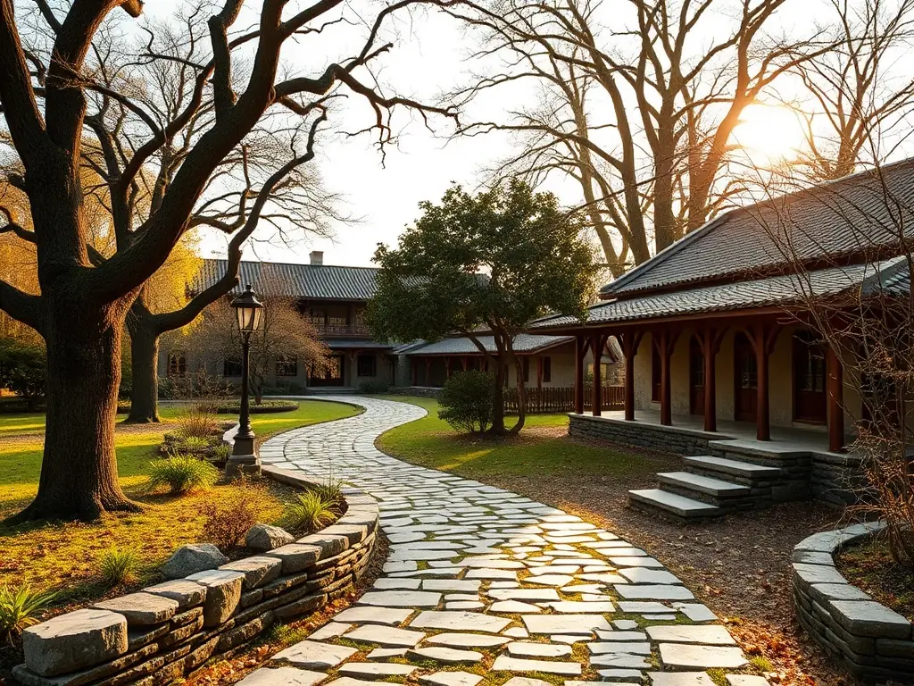 A well-maintained historical landscape within the arboretum, showcasing the cultural significance of the site. The image emphasizes the preservation of native species and historical elements.