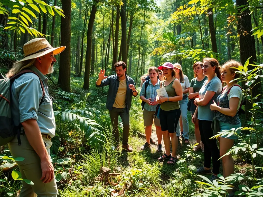A group of people participating in a guided tour of the arboretum, with a focus on identifying different plant species.