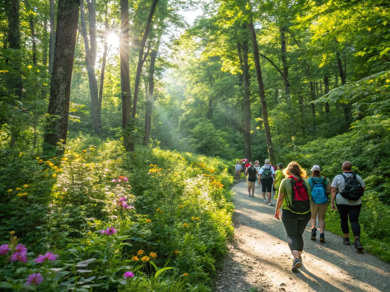A vibrant photo of children and adults participating in a guided nature walk within the Arboretum du Chêne Vert, surrounded by lush greenery and diverse plant species.