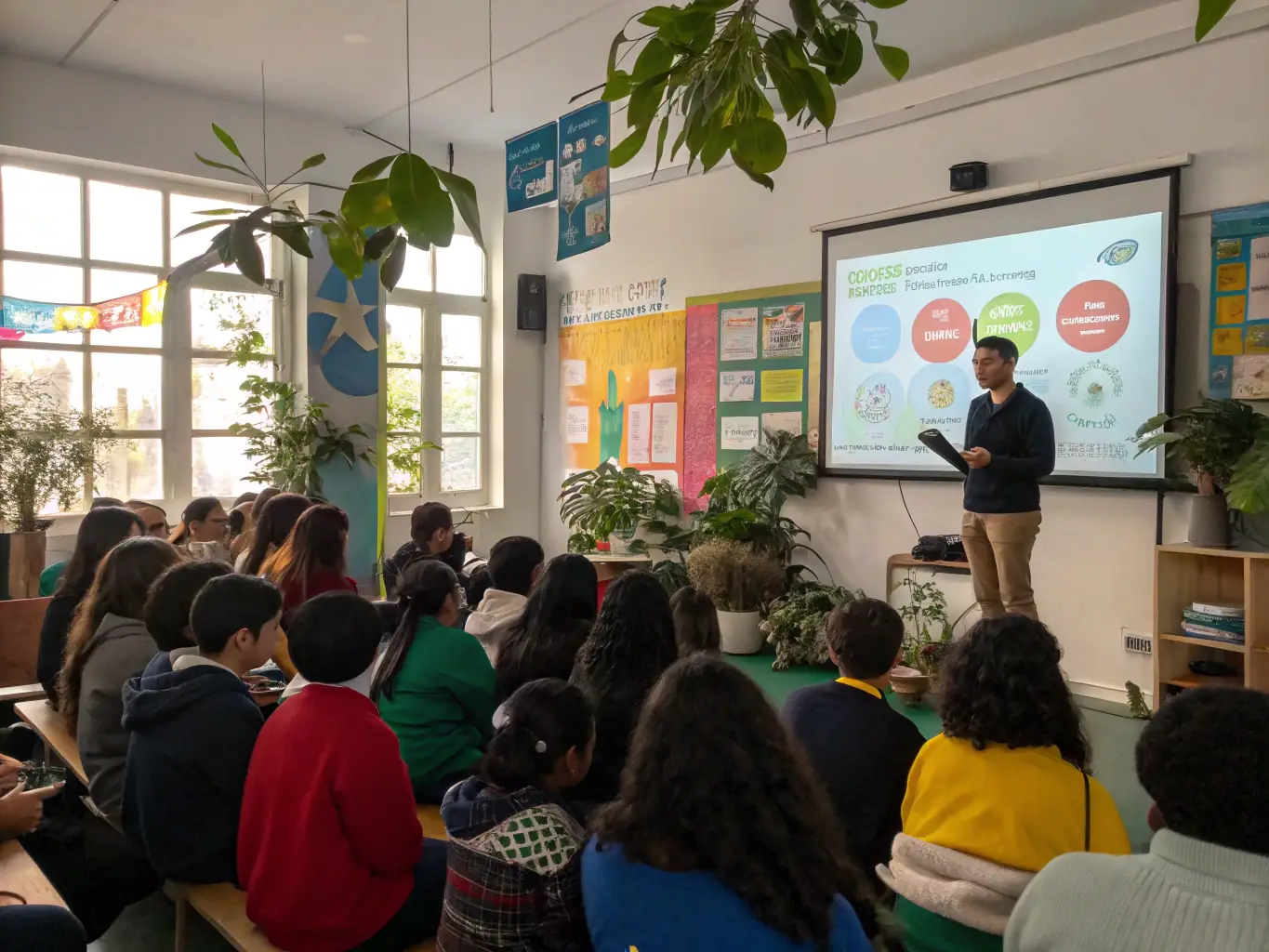 A lecture hall filled with attendees listening to a presentation on sustainable gardening practices.