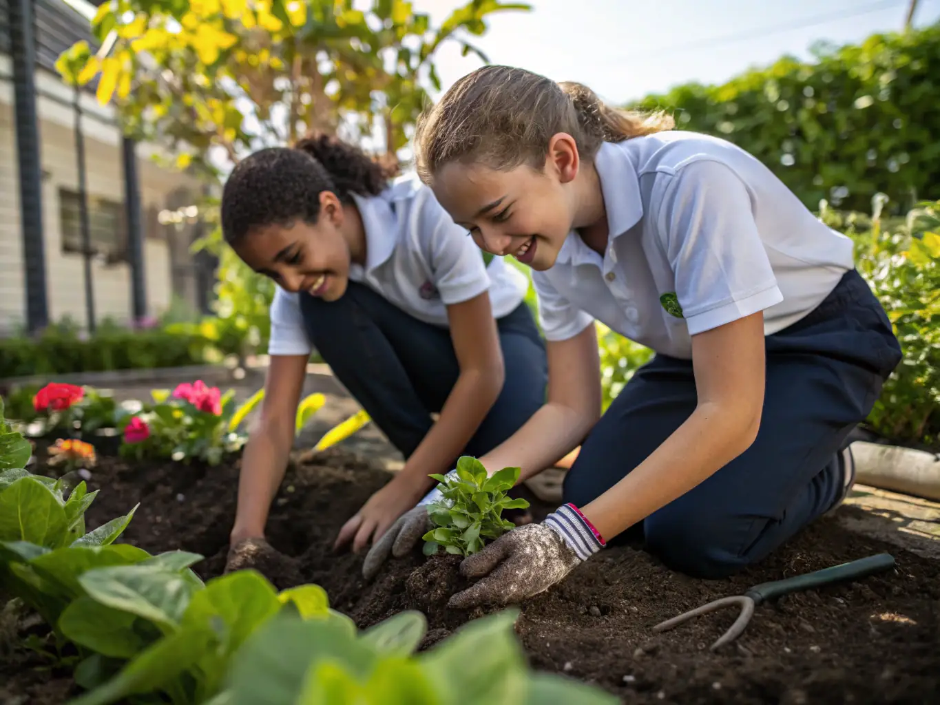 A close-up shot of children planting seeds in a garden bed, with an instructor guiding them.