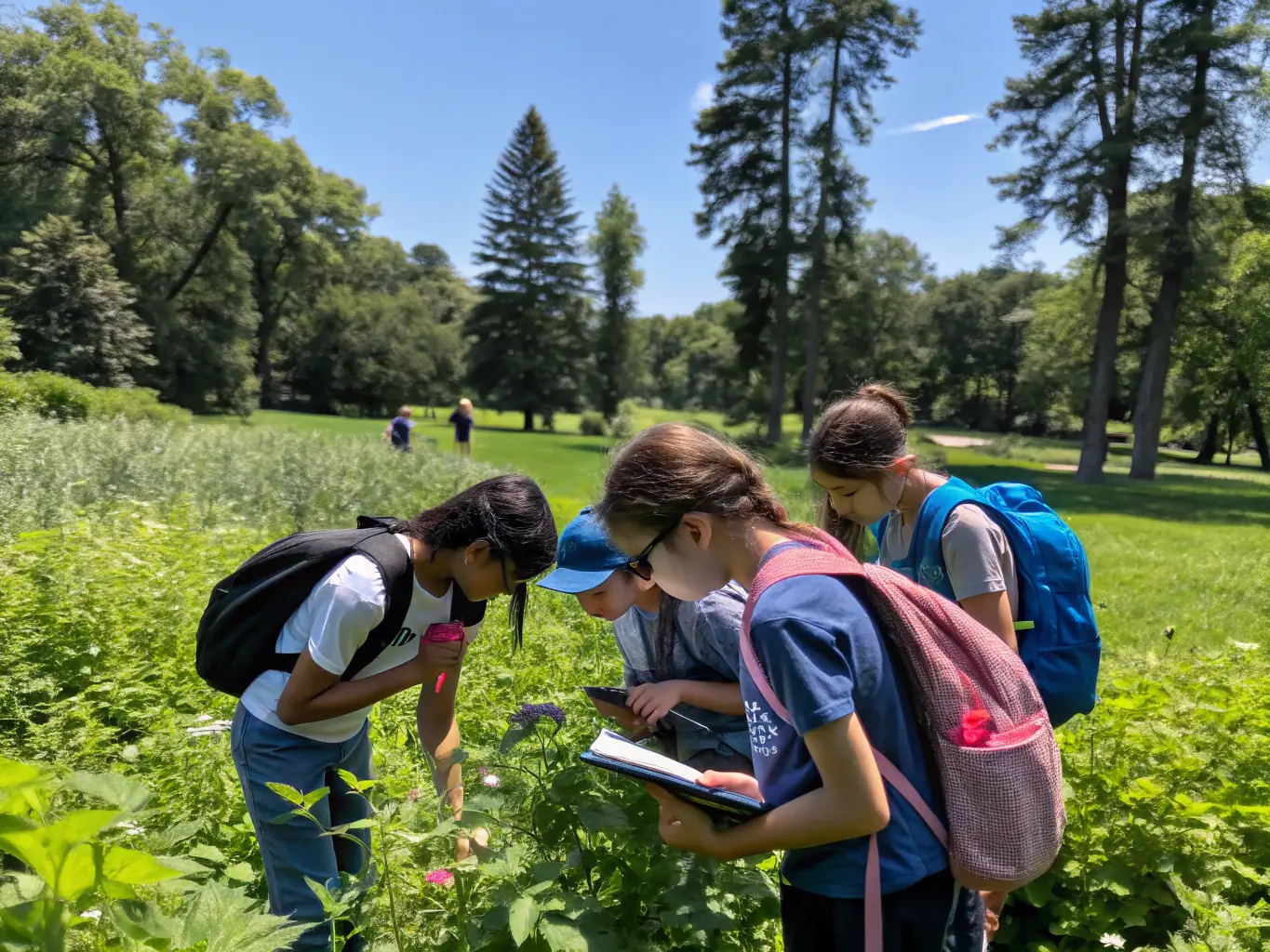 A group of students participating in a guided tour of the arboretum, learning about local plant species and their ecological importance. The scene is educational and engaging, set in a lush, green environment.