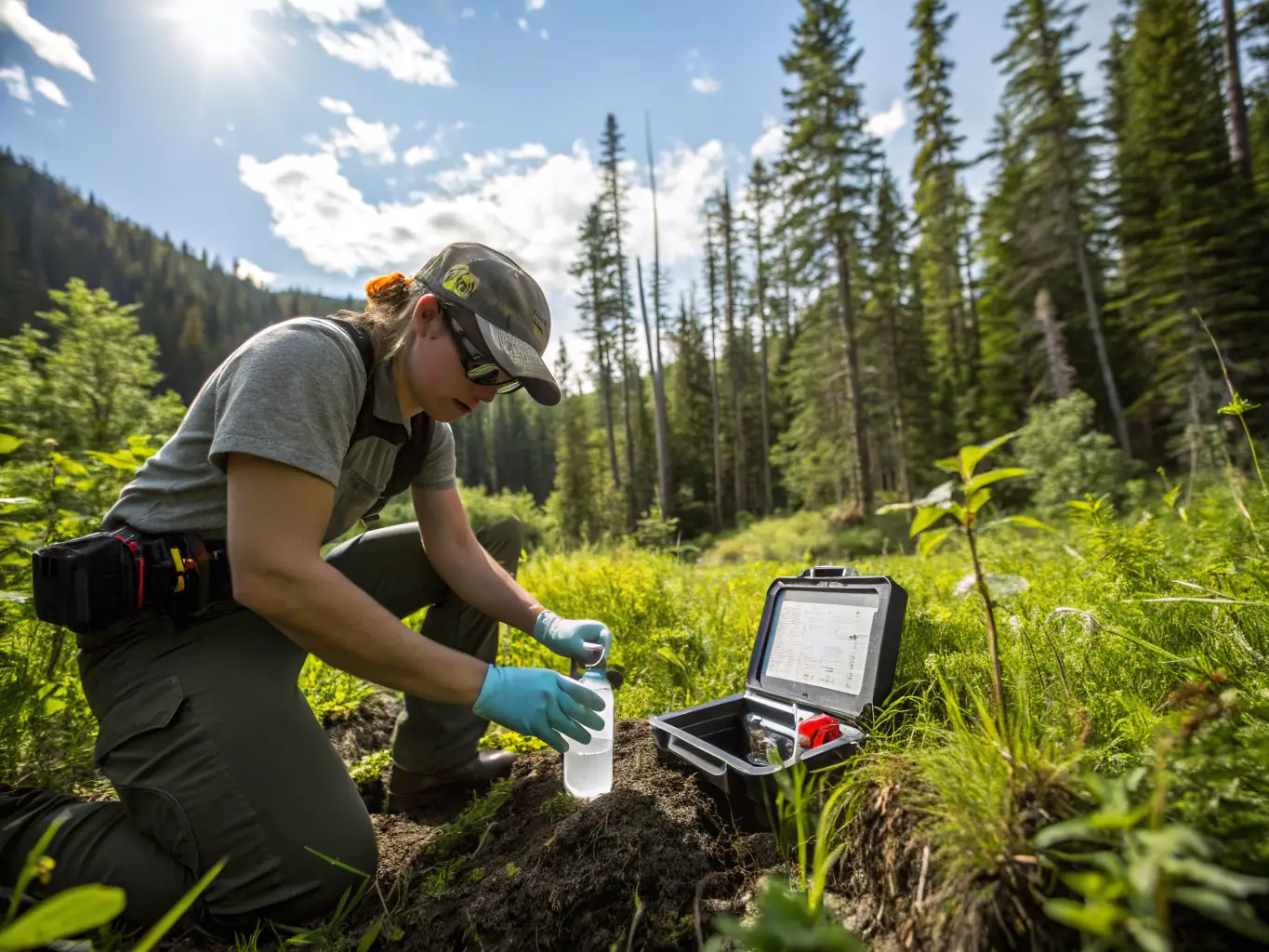 A scientist collecting data on plant species within the arboretum, highlighting the research and conservation efforts undertaken by the organization. The setting is a natural, undisturbed environment.