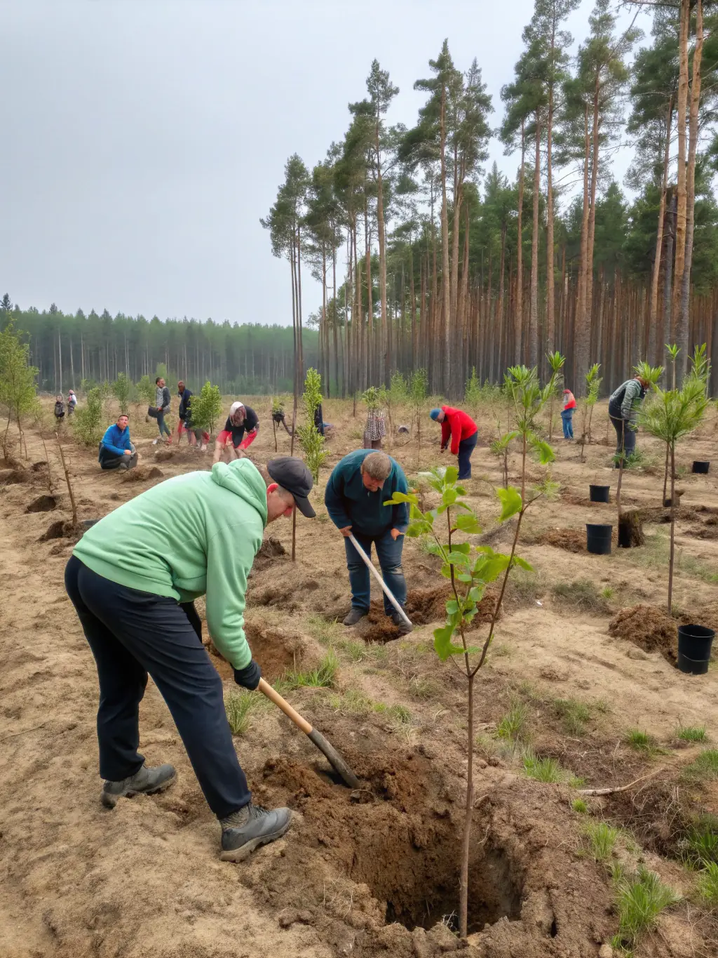 A group of volunteers planting trees in the arboretum, highlighting community involvement and environmental stewardship.