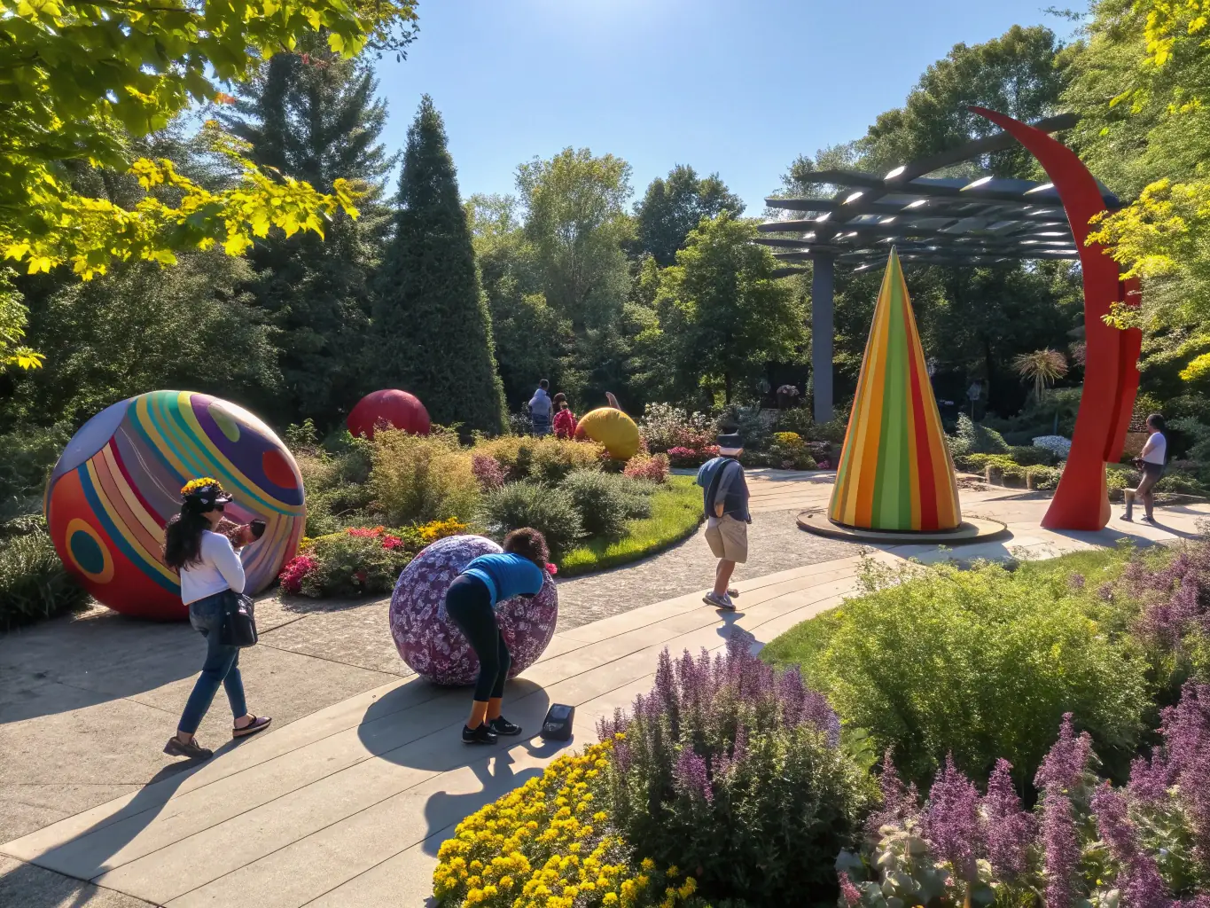 An outdoor art exhibition featuring sculptures and installations set amidst the natural landscape of the arboretum.