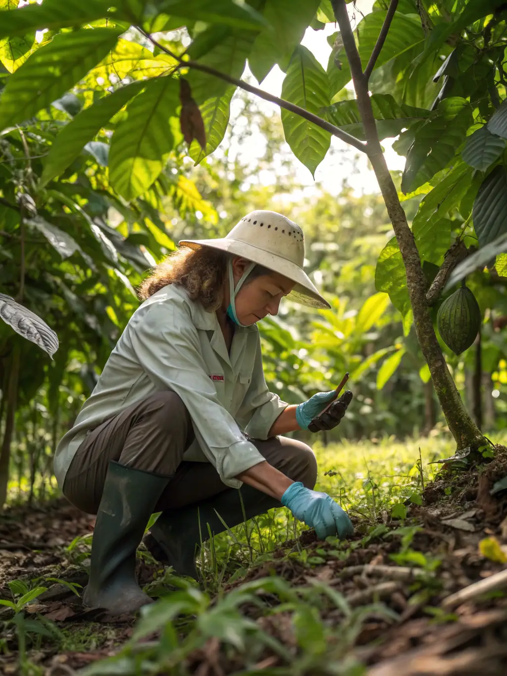 A researcher collecting plant samples in a lush section of the arboretum, illustrating the research and conservation efforts.