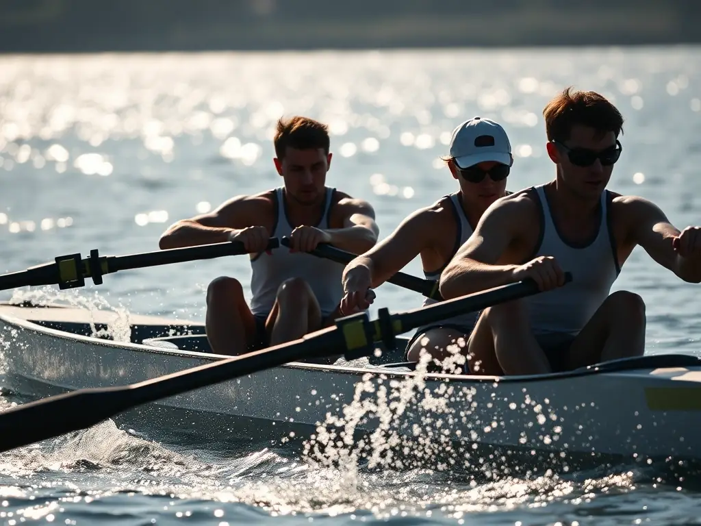 A dynamic image of rowers in action, gliding across the water during a training session, showcasing the energy and teamwork involved in our rowing programs.