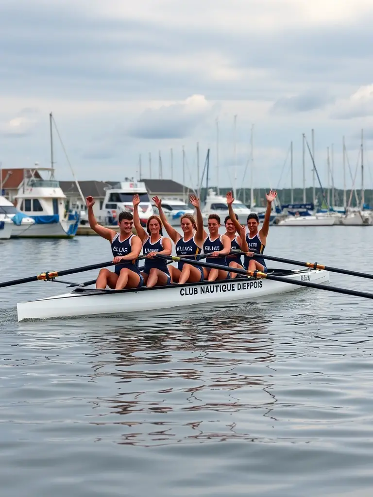 A team of rowers in a boat, working together in perfect synchronization, demonstrating the importance of teamwork in rowing. They are practicing on the Dieppe harbor.