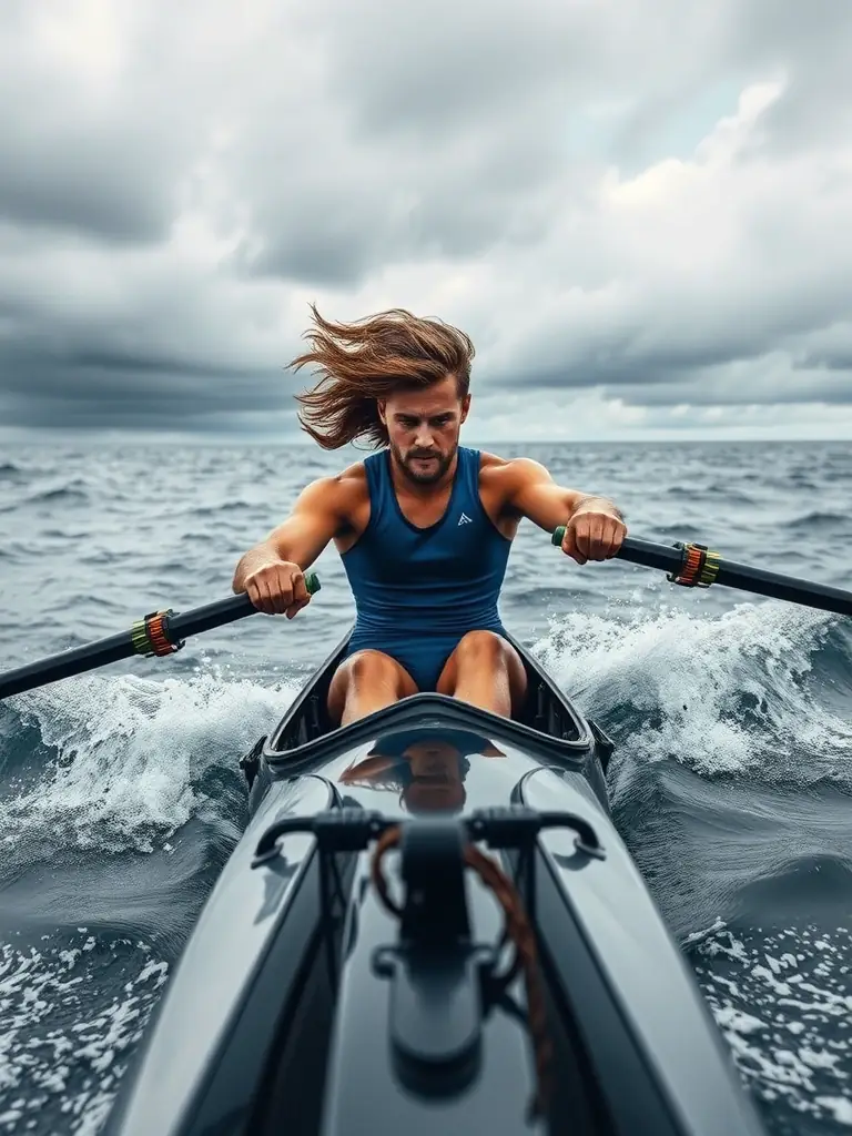 A rower facing a challenging headwind, pushing through the waves with determination, illustrating the personal resilience developed through rowing. The rower is in a single scull.