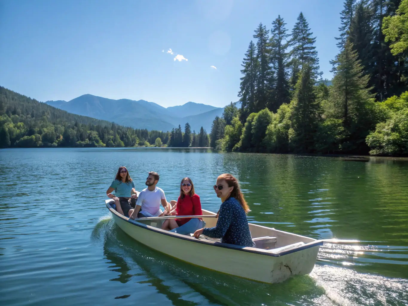 A scenic view of rowers participating in a recreational rowing activity on a calm river, surrounded by lush greenery. The image conveys the enjoyment and relaxation of rowing in a natural setting.