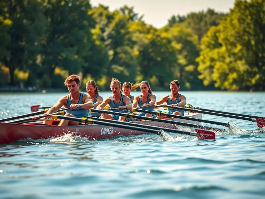 A group of novice rowers learning the basics of rowing technique on calm water, with an instructor providing guidance from a nearby motorboat. The focus is on teamwork and coordination.