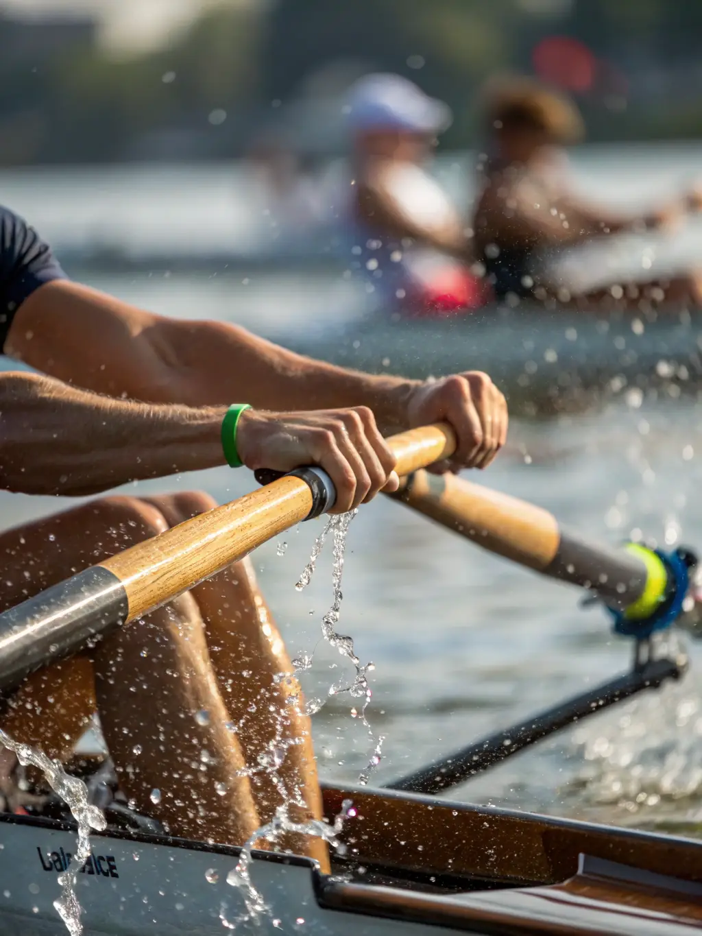 A close-up shot of a rower's hands gripping the oar, showcasing the physical engagement and skill required in rowing. The rower is wearing CLUB NAUTIQUE DIEPPOIS gear.