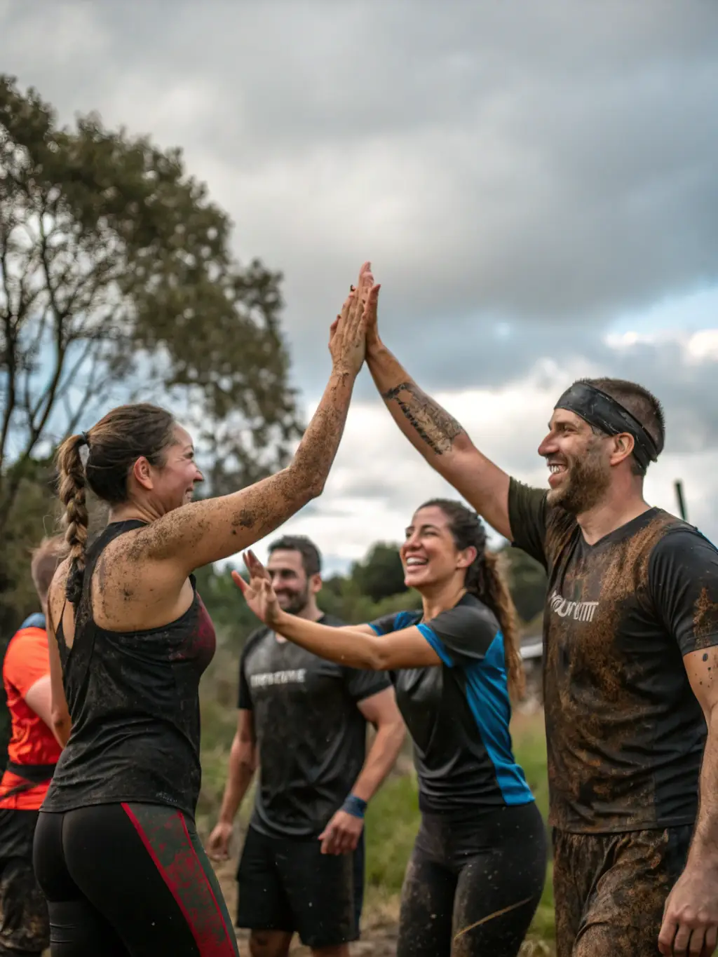 A diverse group of rowers celebrating a successful race, showcasing the welcoming community and shared passion for rowing at CLUB NAUTIQUE DIEPPOIS. They are on the docks after a regatta.