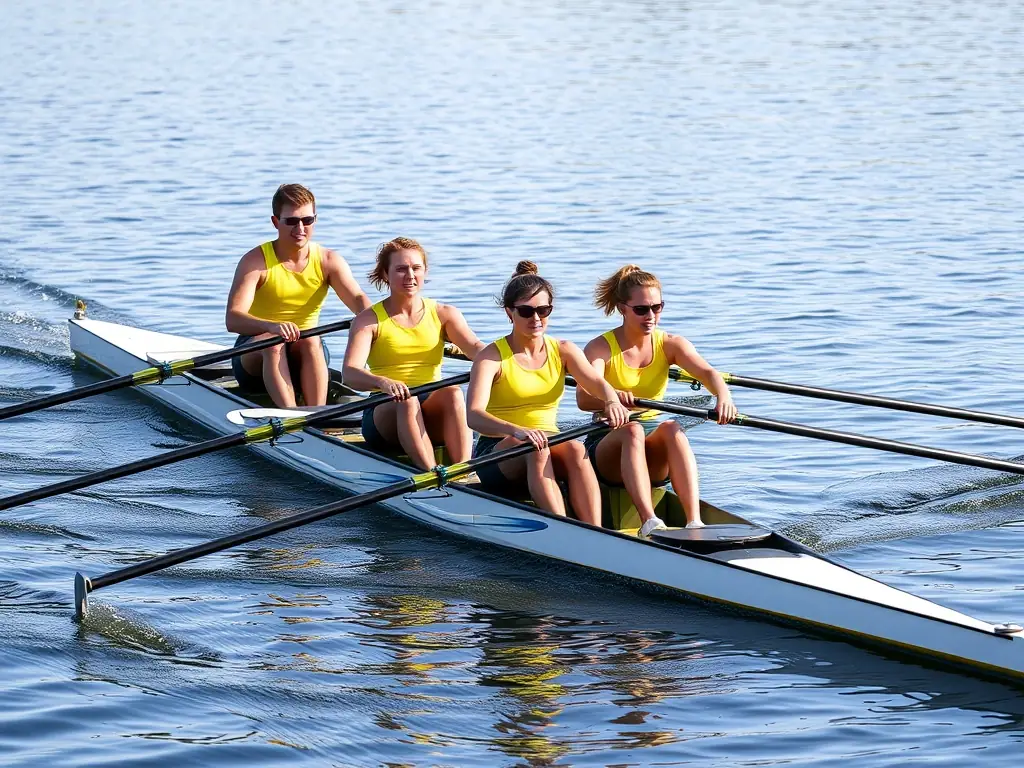 Experienced rowers participating in a high-intensity training session on the water, focusing on speed, endurance, and competitive rowing techniques. The image captures the intensity and focus of the training.