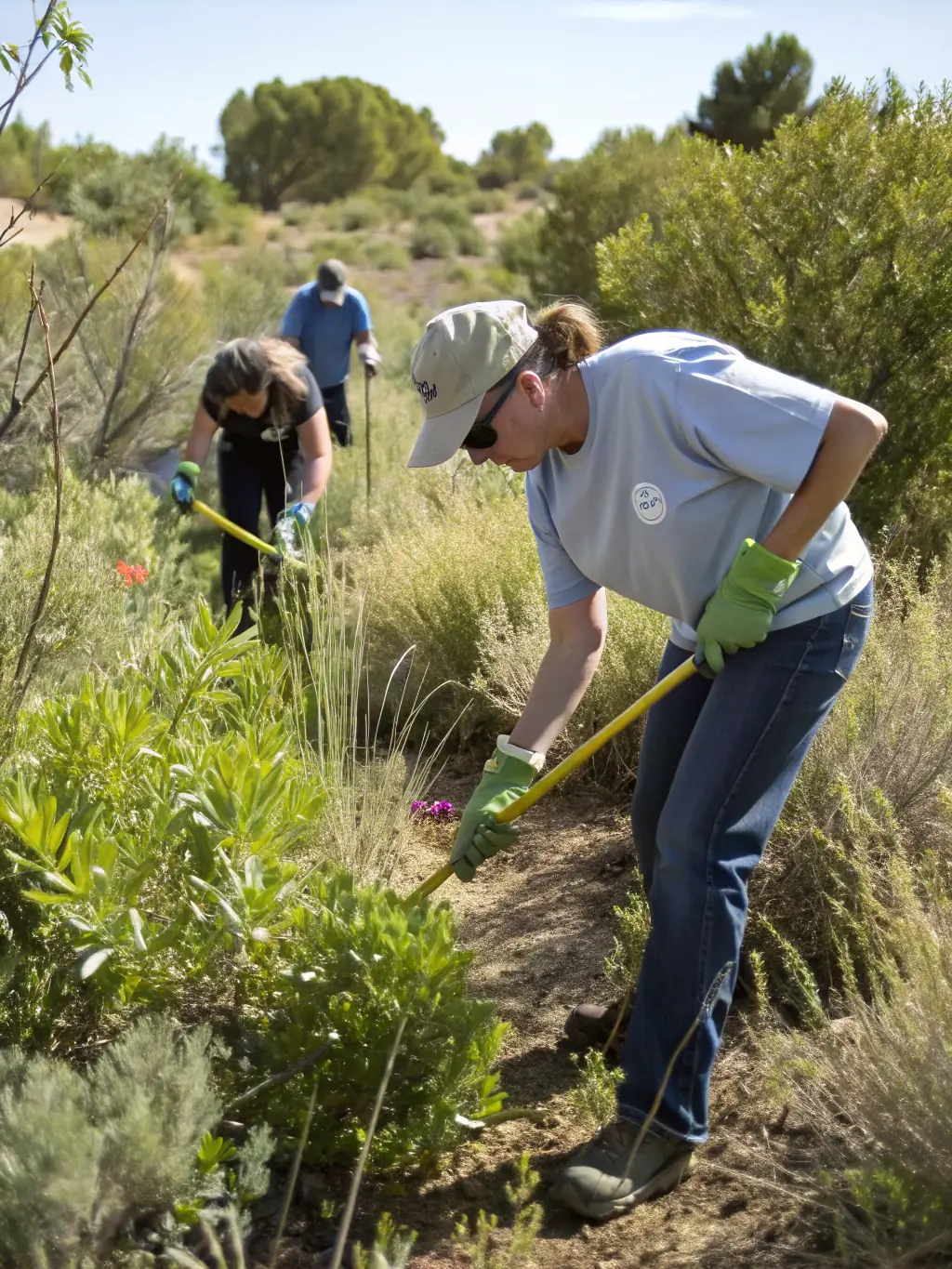 A visually engaging image of volunteers participating in a community project to restore a local natural habitat, planting trees and removing invasive species.