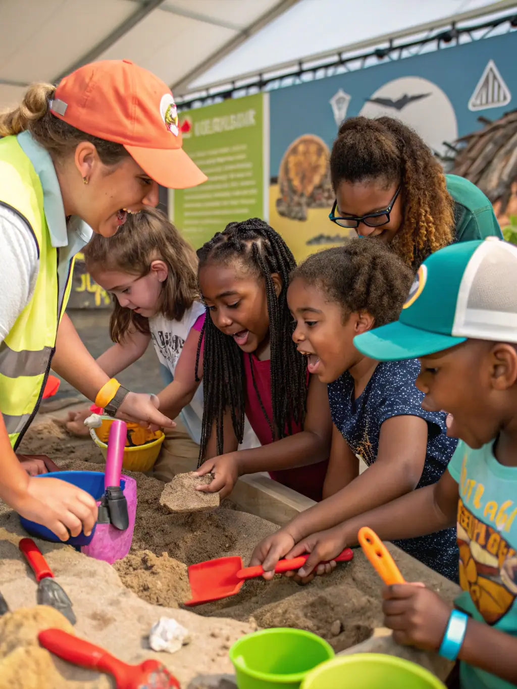 A vibrant image of children and adults participating in a hands-on paleontology workshop, carefully excavating fossils in a simulated dig site, showcasing the excitement of discovery.