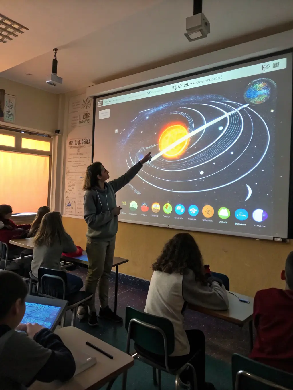 An inspiring image of a scientist giving a presentation on the sciences of the universe, life, and Earth, using visual aids and engaging storytelling.